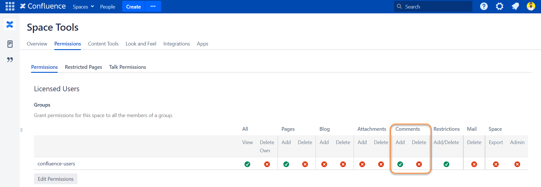 Confluence native inline comments permissions