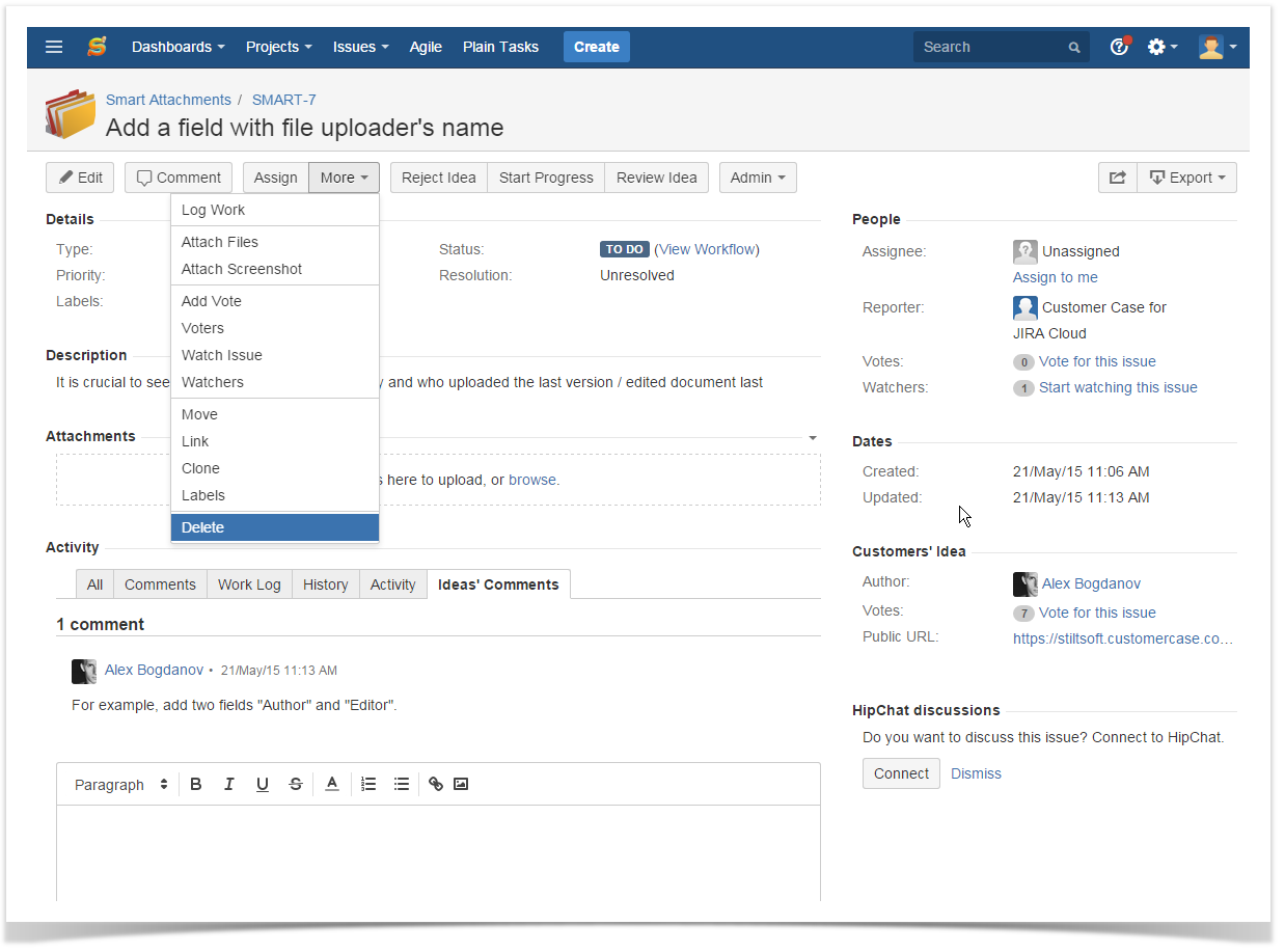 customer case issue detlails in Jira cloud