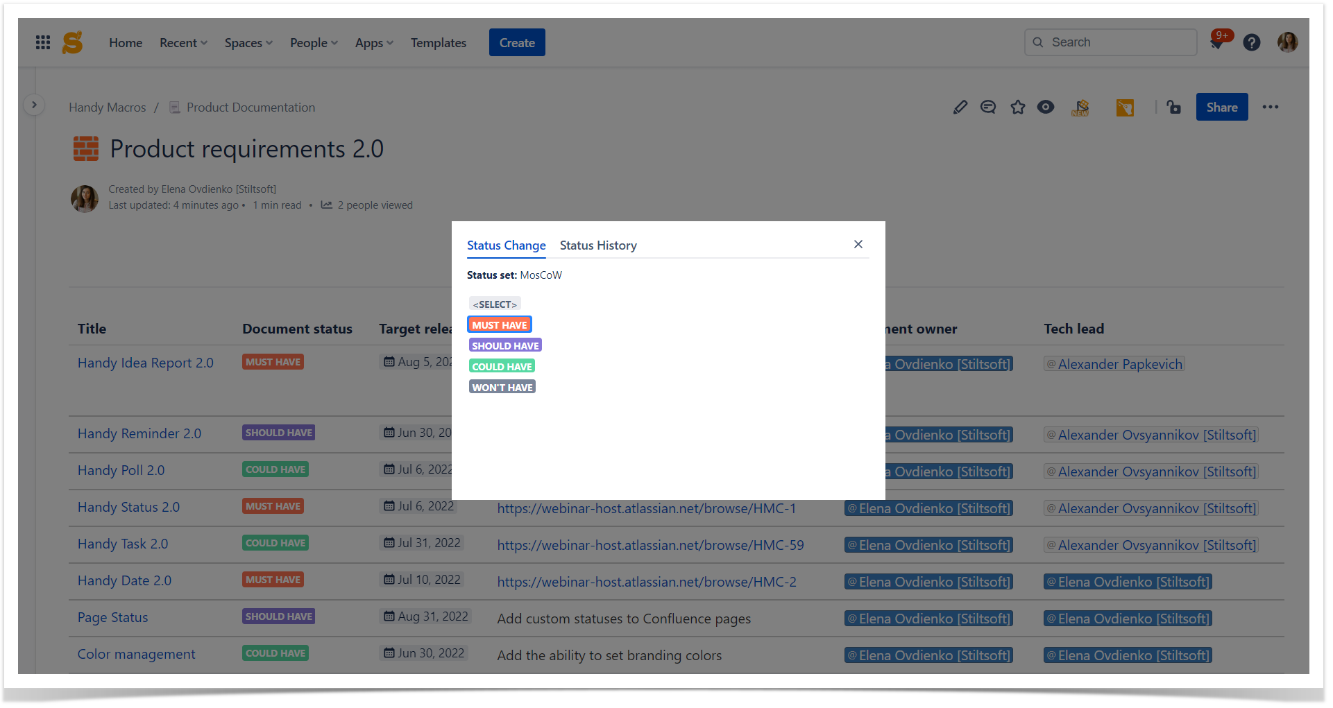 status change in Confluece with dropdown menu