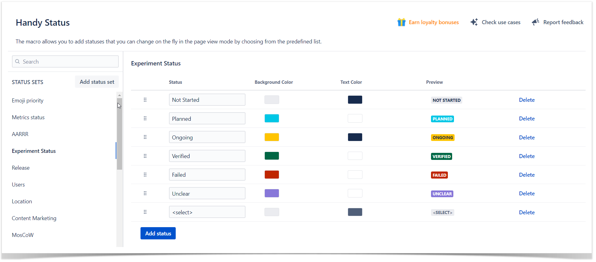 create status set in Confluence