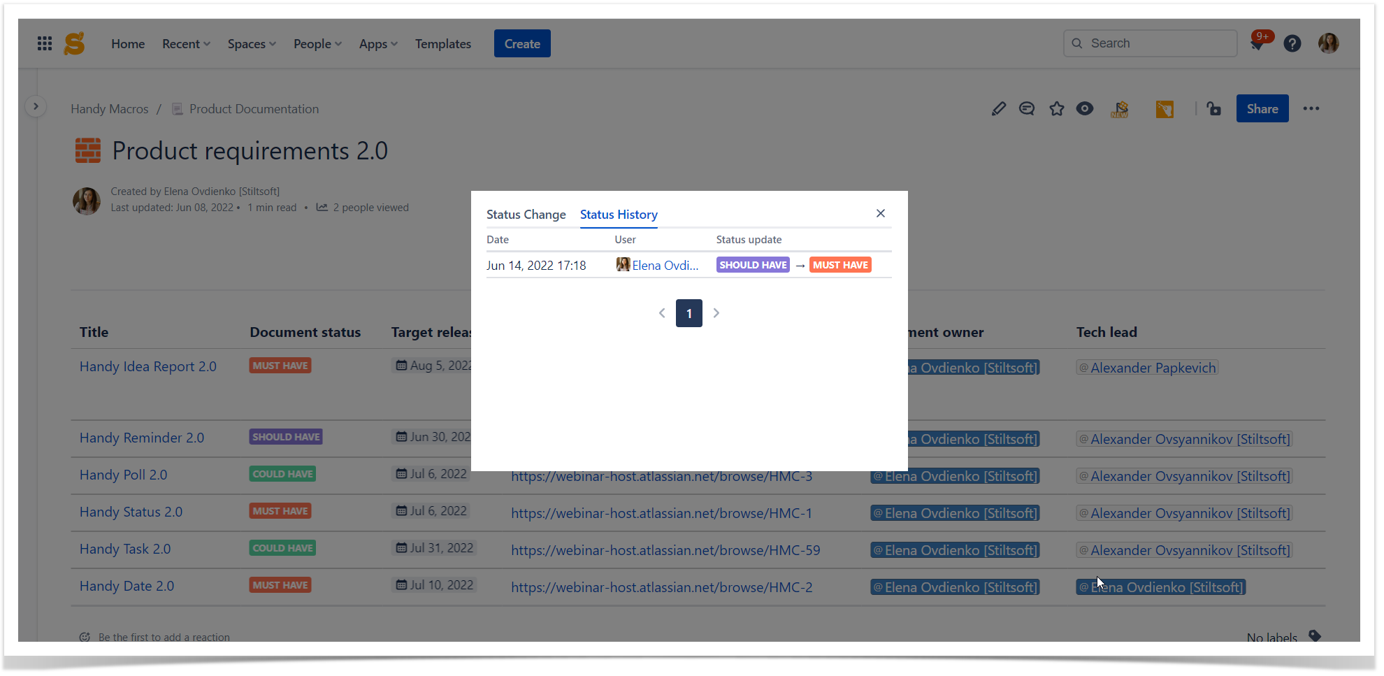 tracking status change history in Confluence