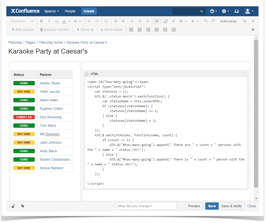 Table and code within Confluence sections