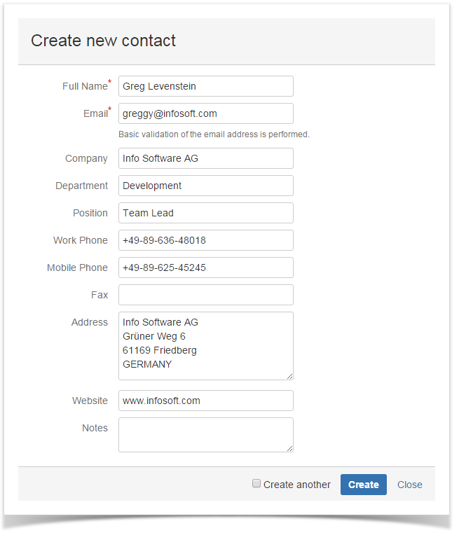 contact creation form in Confluence