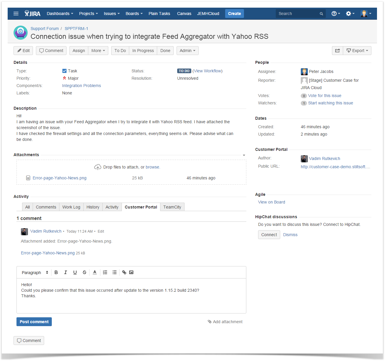 commenting support request in Jira