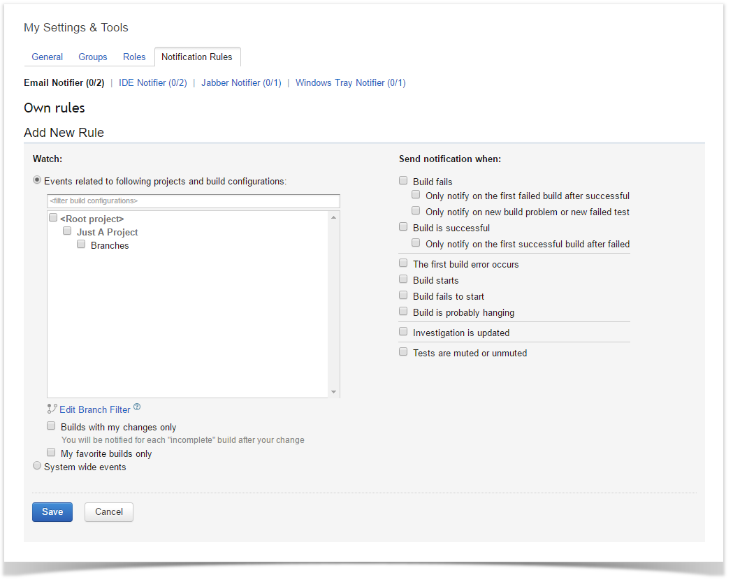 TeamCity 10 the Notification Rules screen