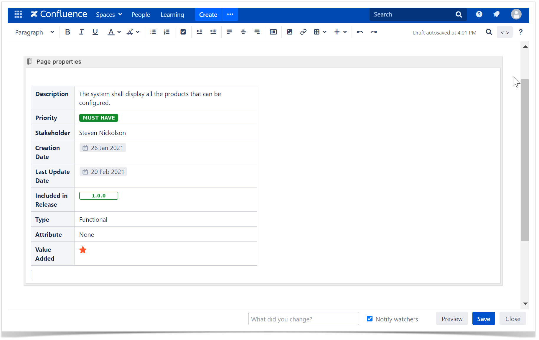 A table located inside the page properties macro