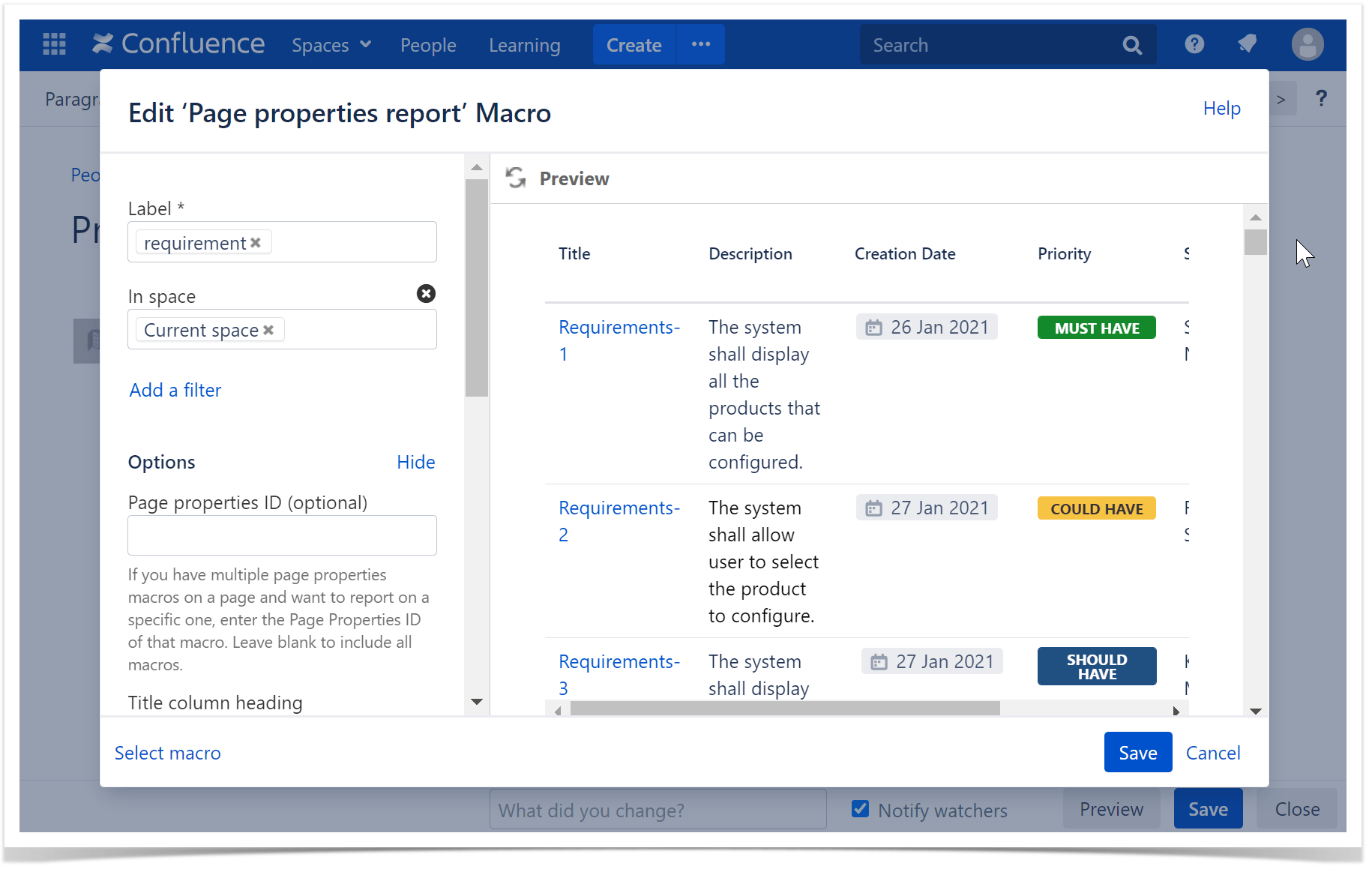 A preview of a Page Properties Report table