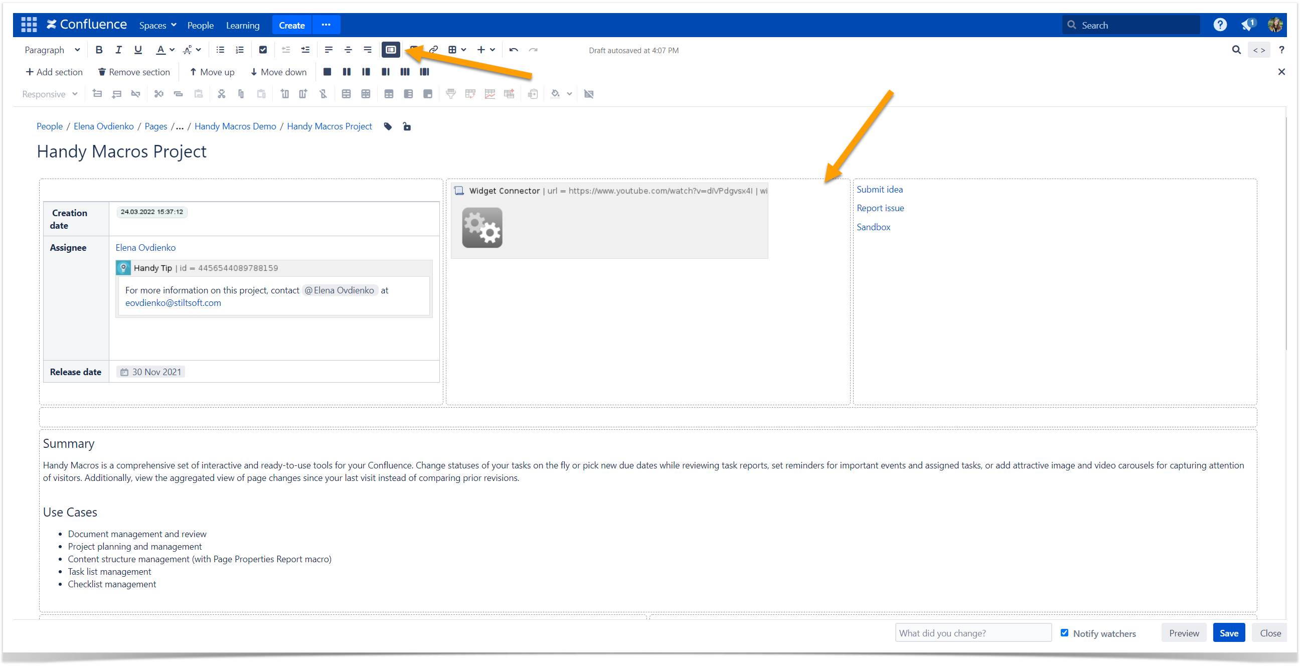 Confluence page layout