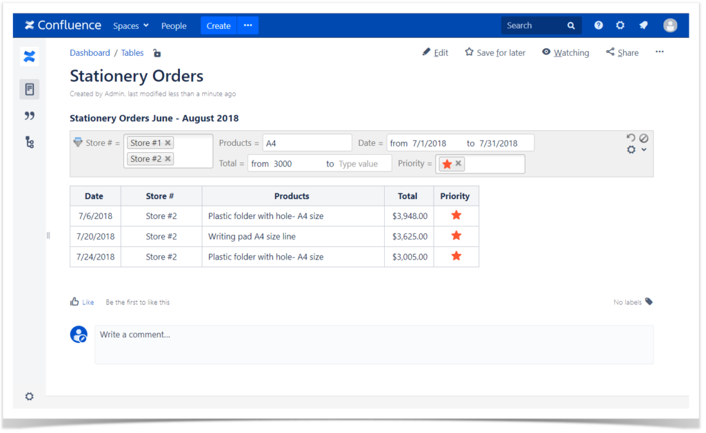 One-Click Table Filtration in Confluence