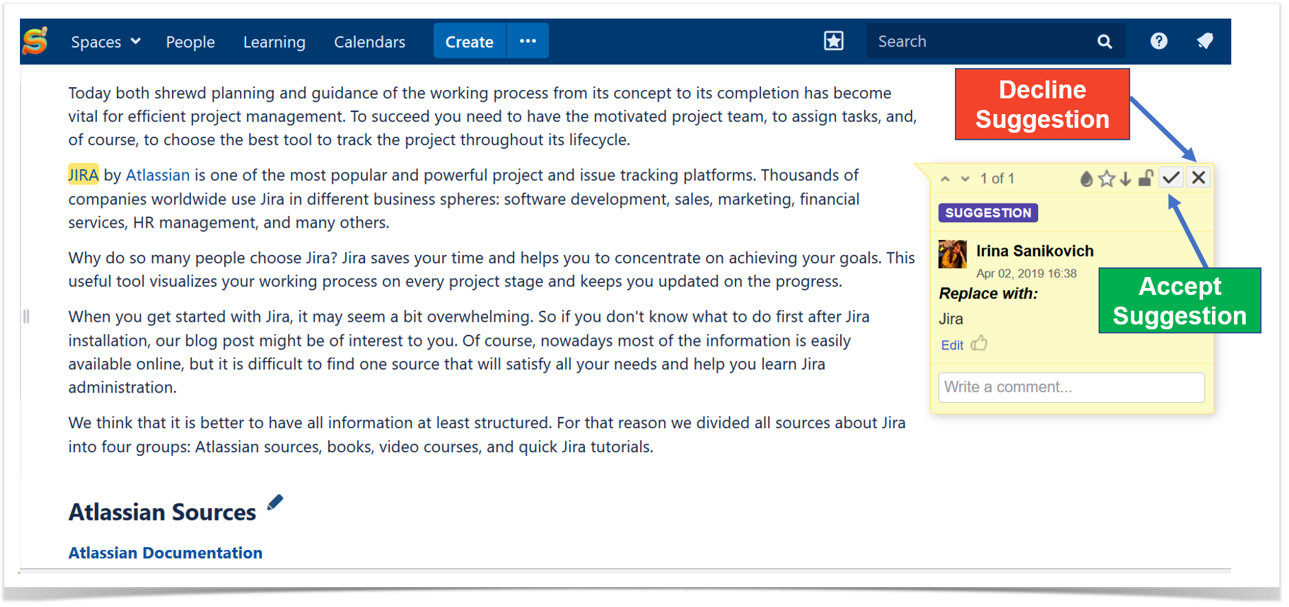 accept or decline suggestions in Confluence