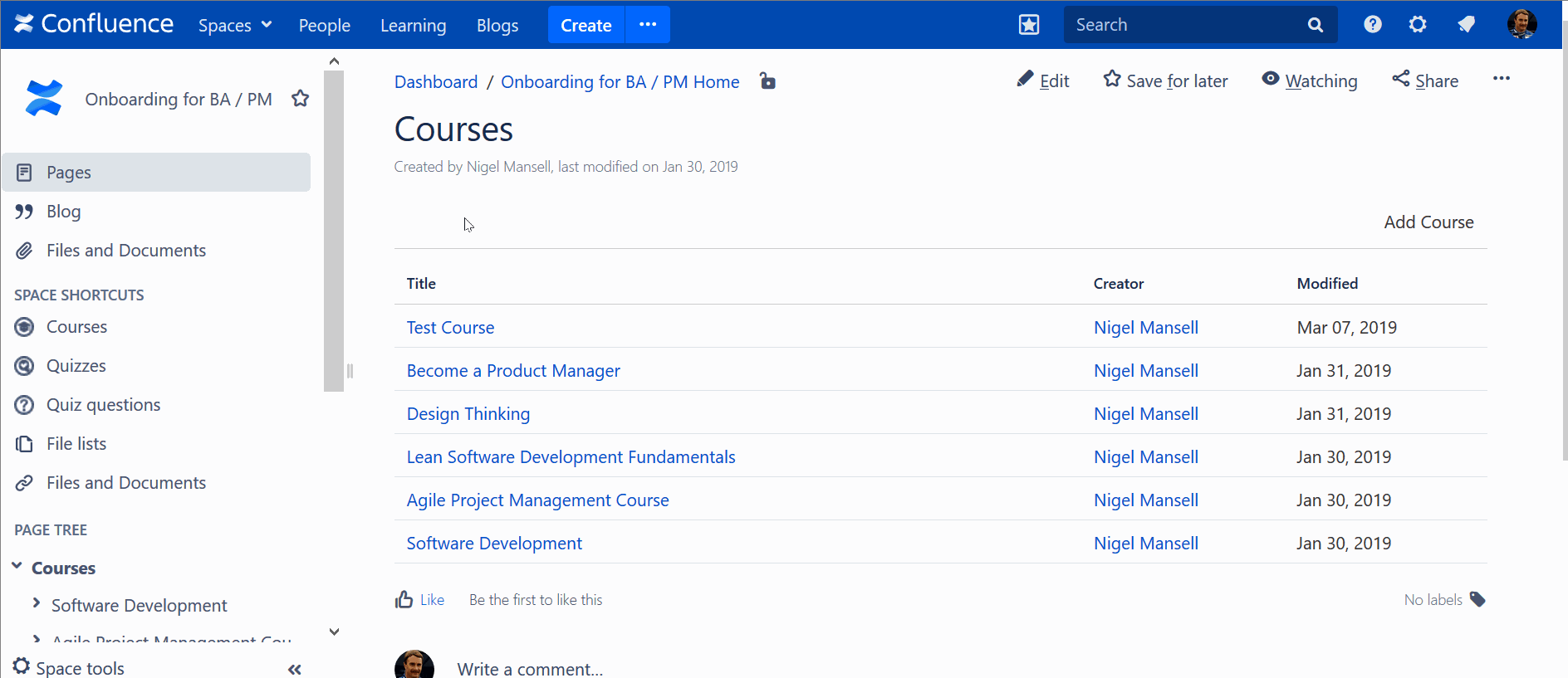 training content in Confluence