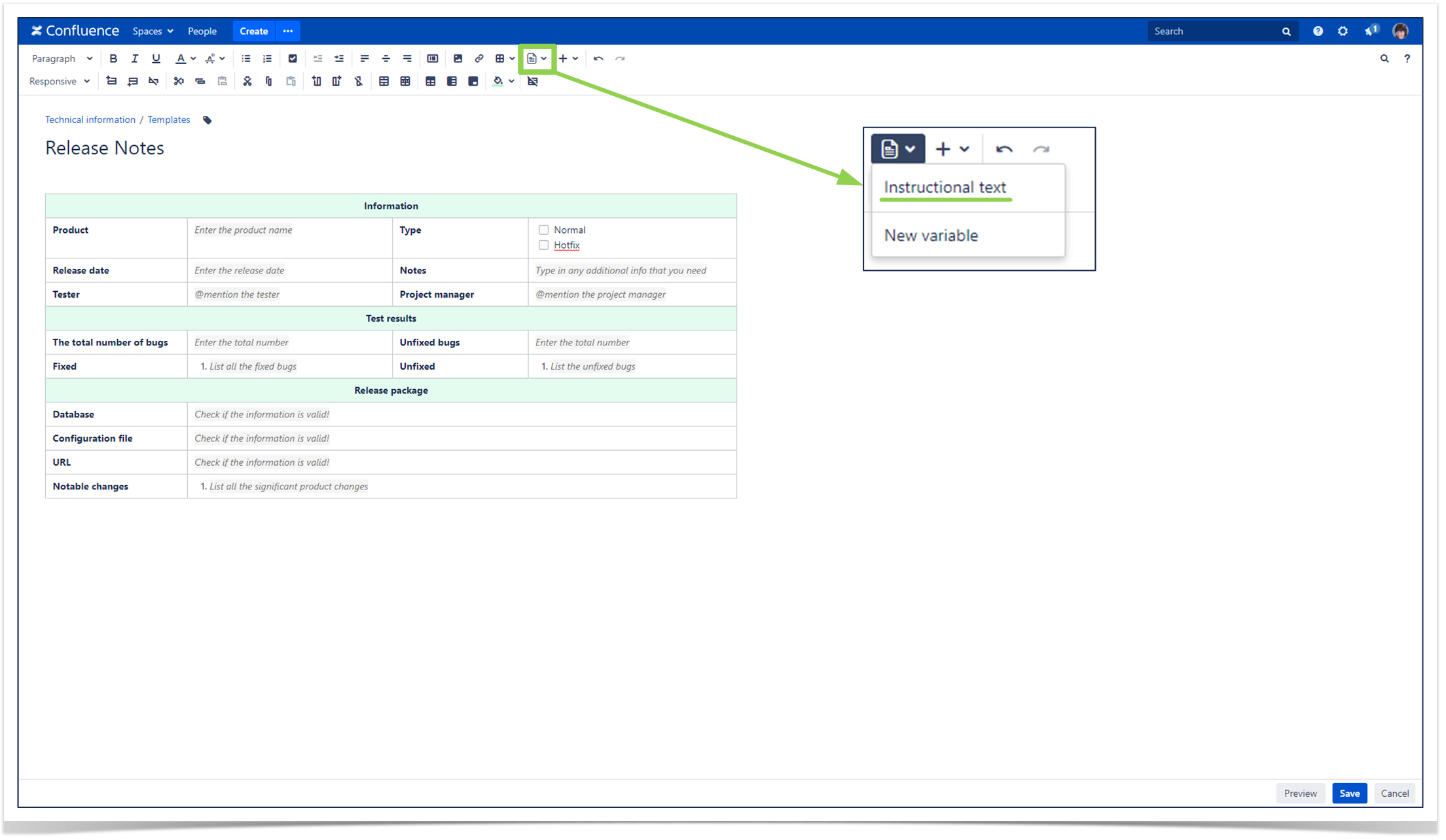 Create release notes template in Confluence