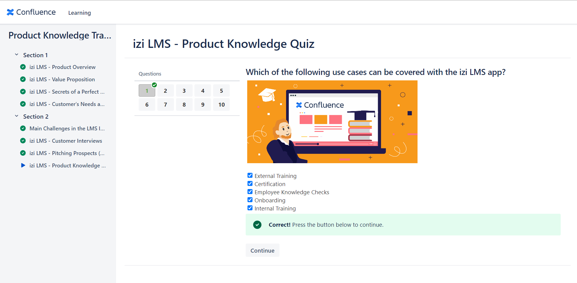 add quizzes to training courses in Confluence