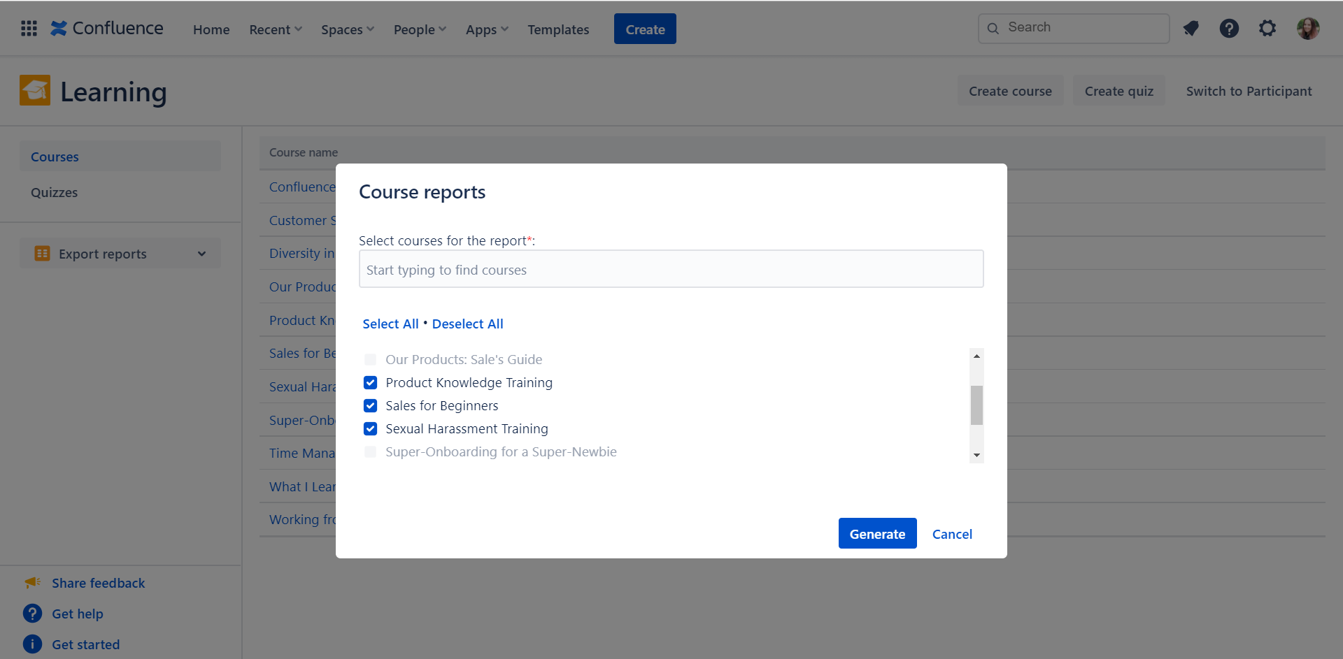 export course progress report from Confluence