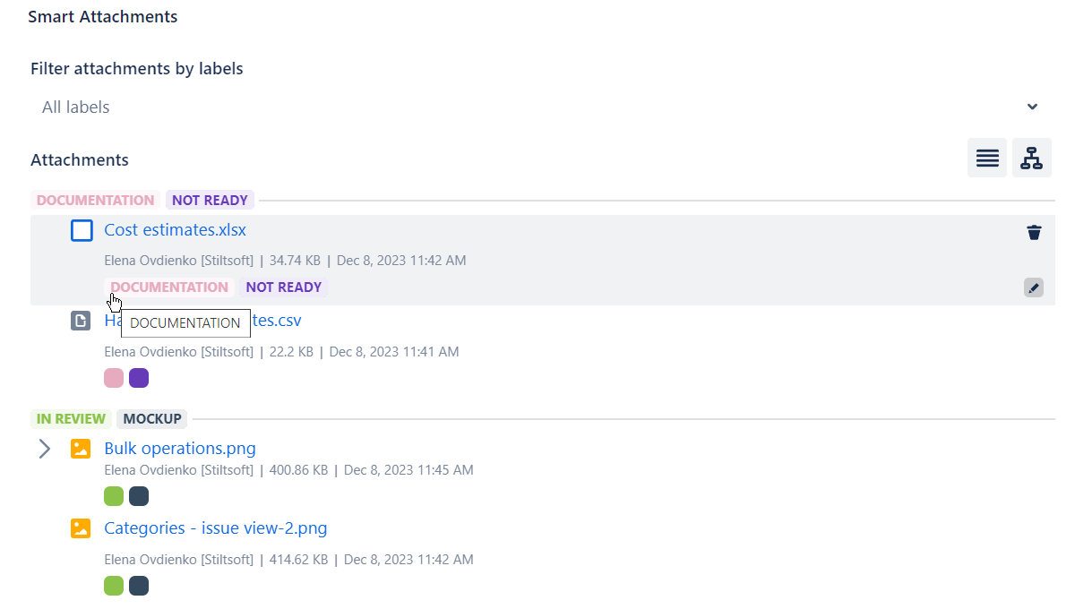 Tag Jira attachments with one or multiple labels to structure and locate required files faster.