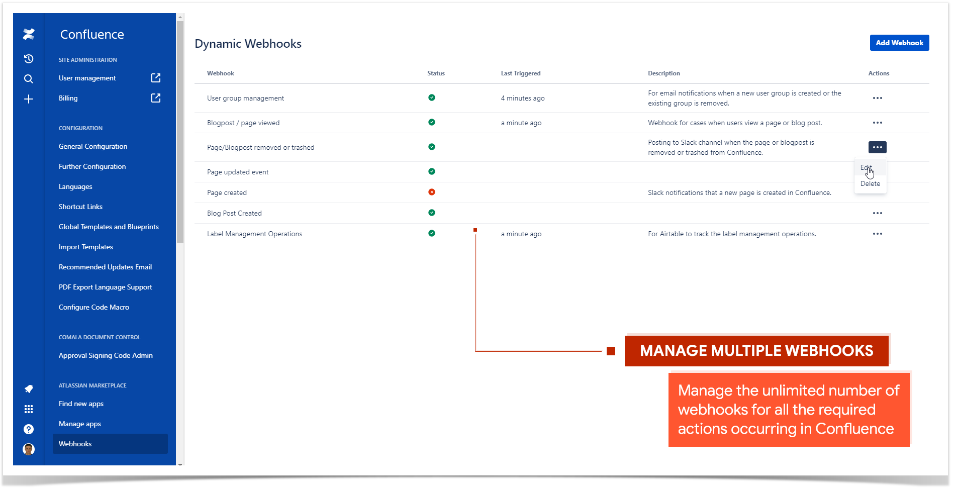 Manage multiple webhooks in Confluence