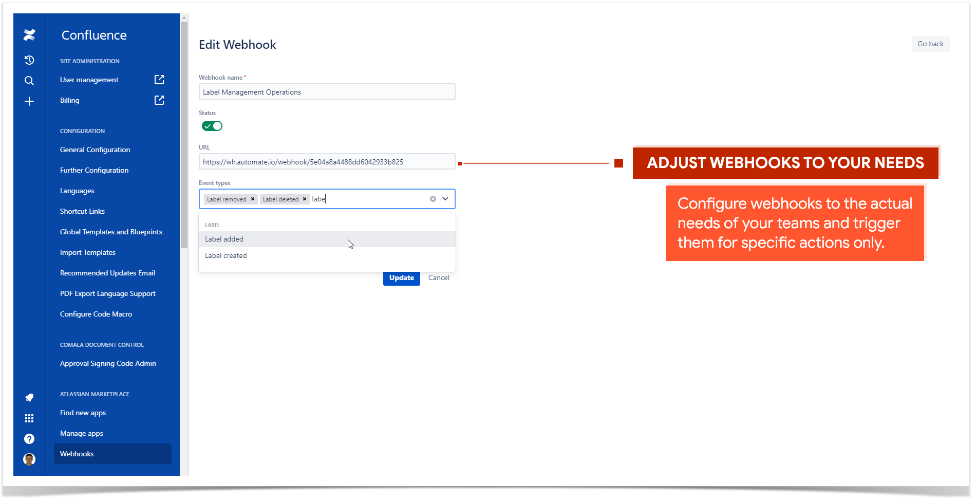 Adjust webhooks in Confluence