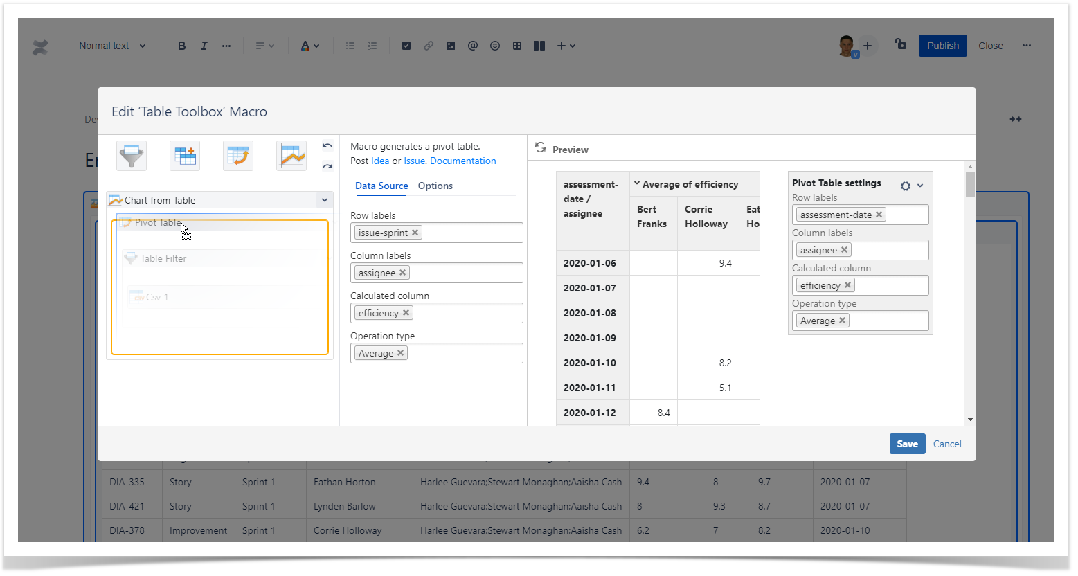 A combination of macros over a Confluence Cloud table