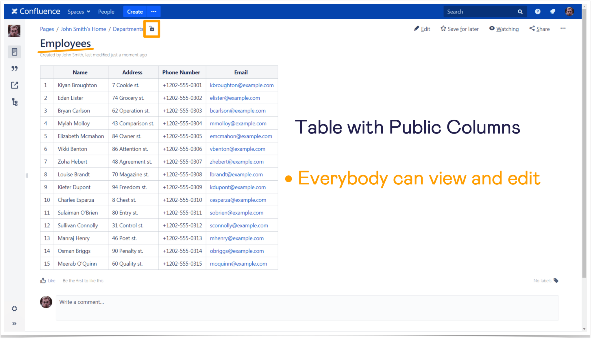 Confluence table with public columns