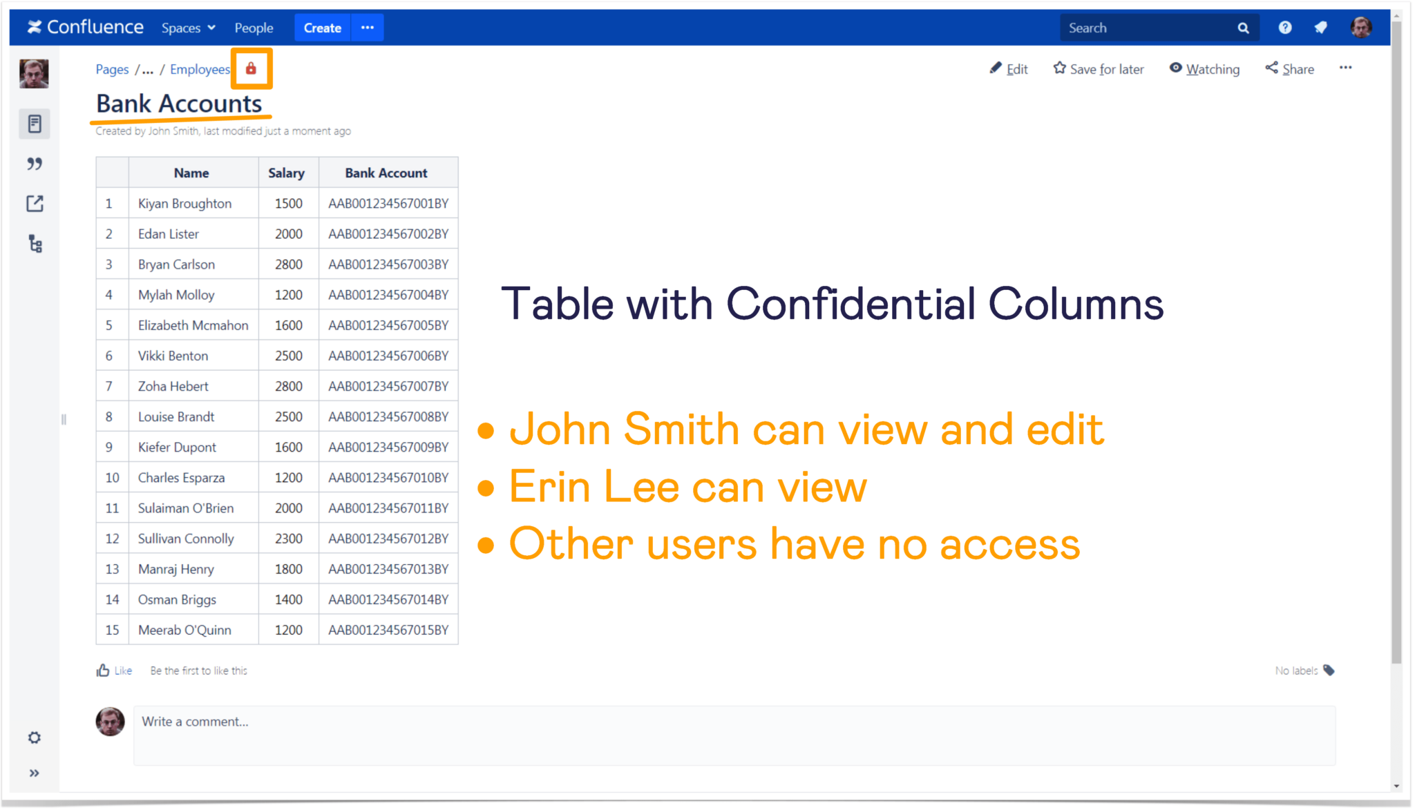 Confluence table with confidential columns