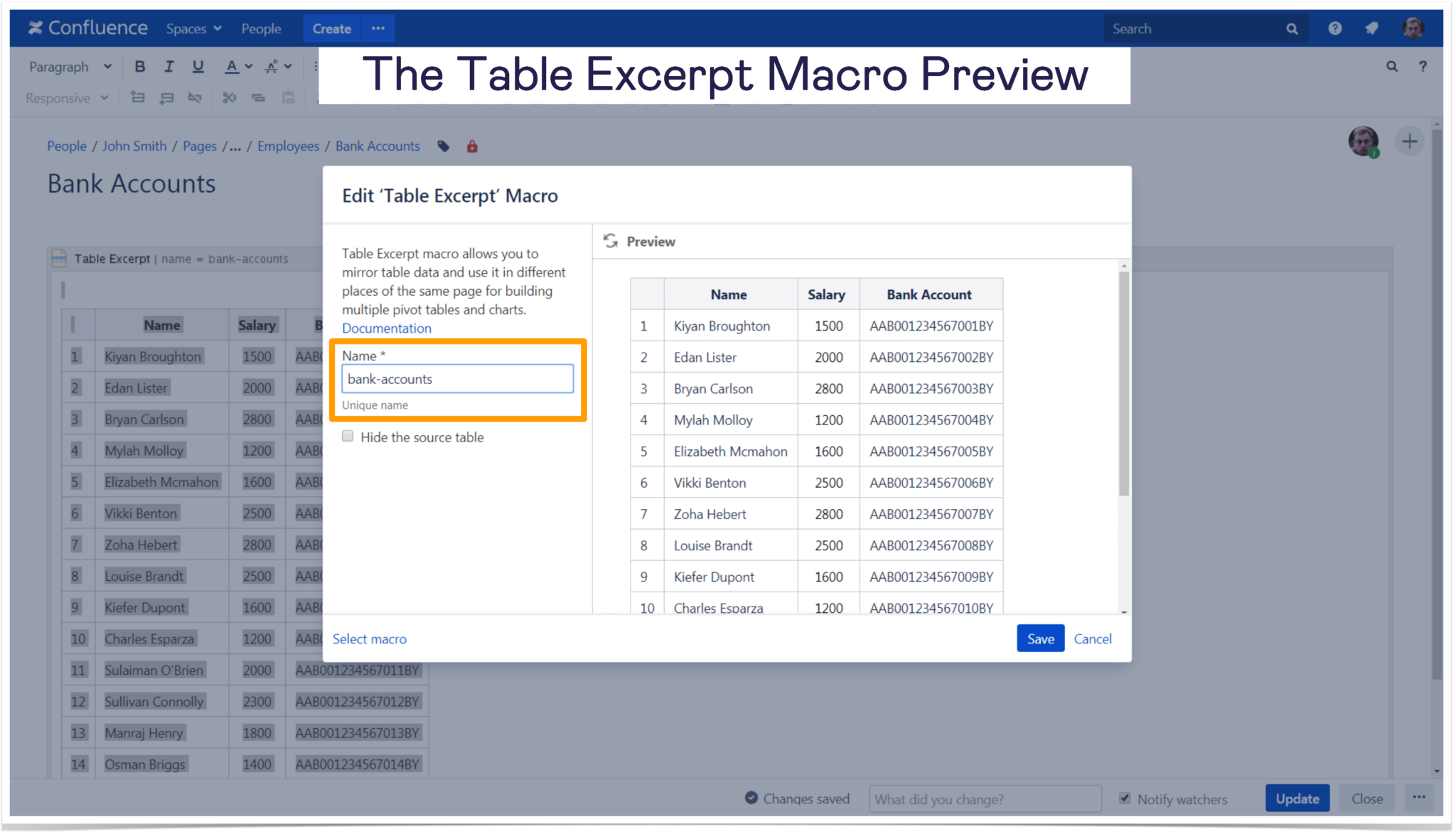 Table Excerpt macro preview