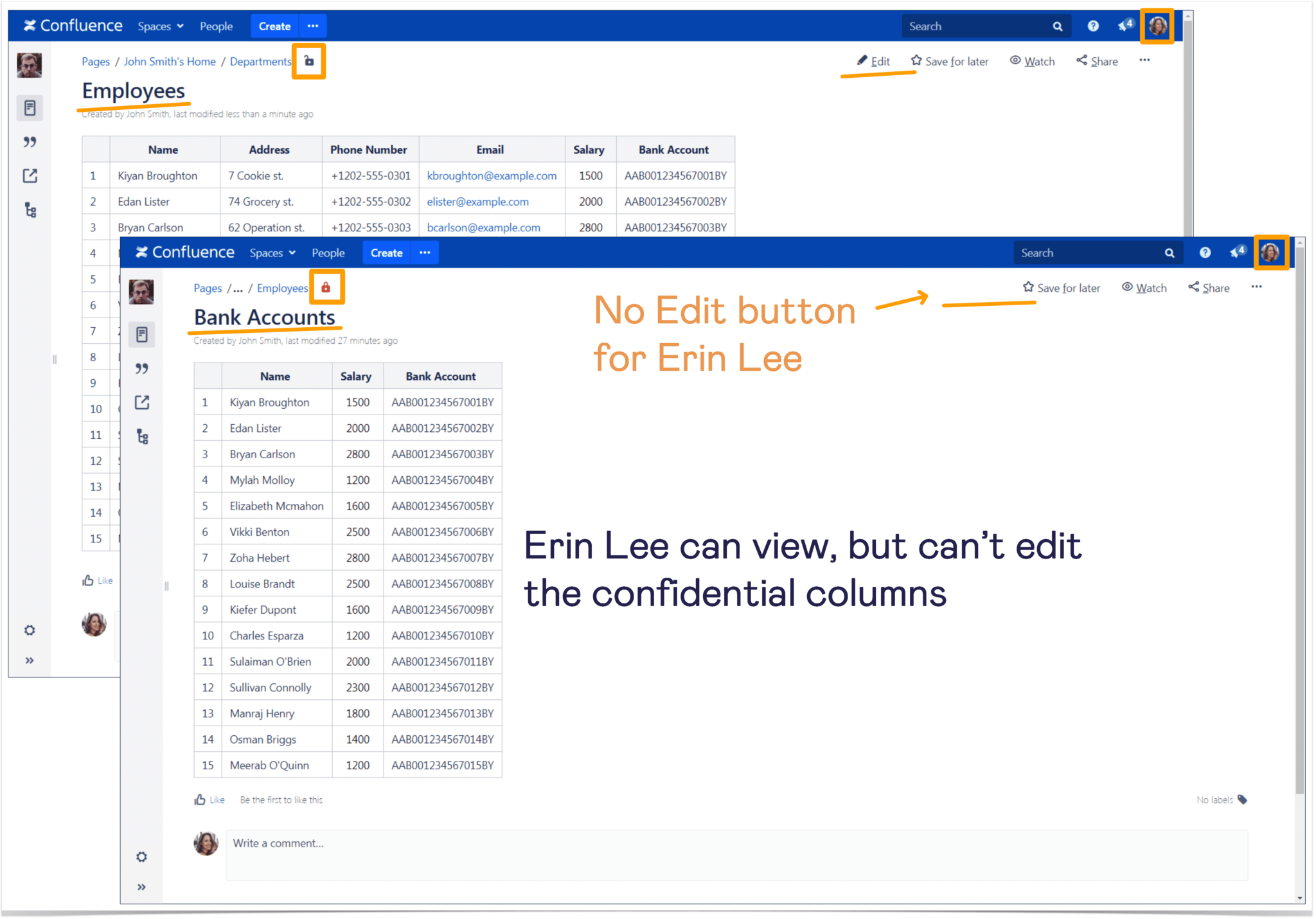 Confluence tables restricted for particular users