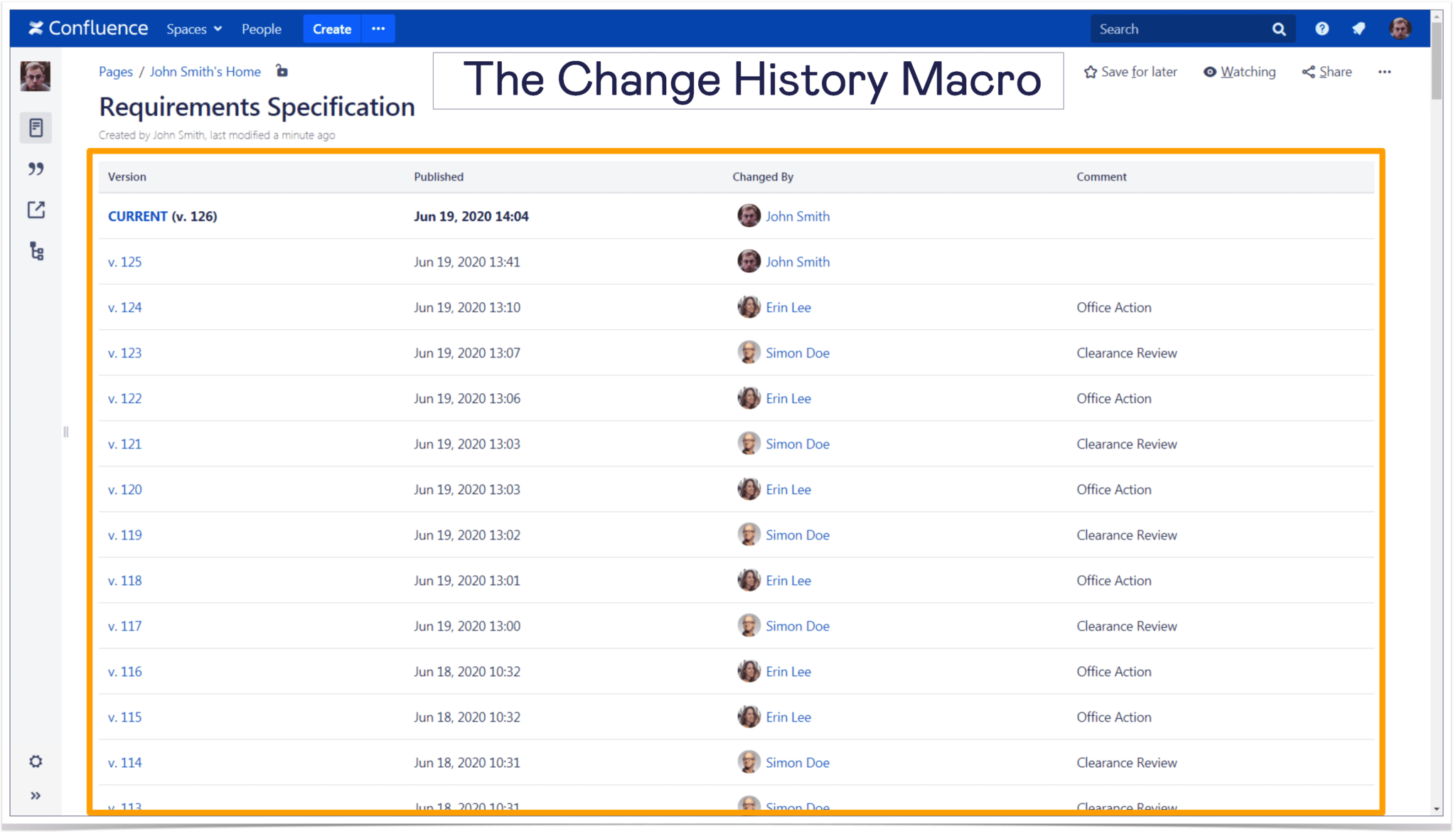 Page changes history in Confluence