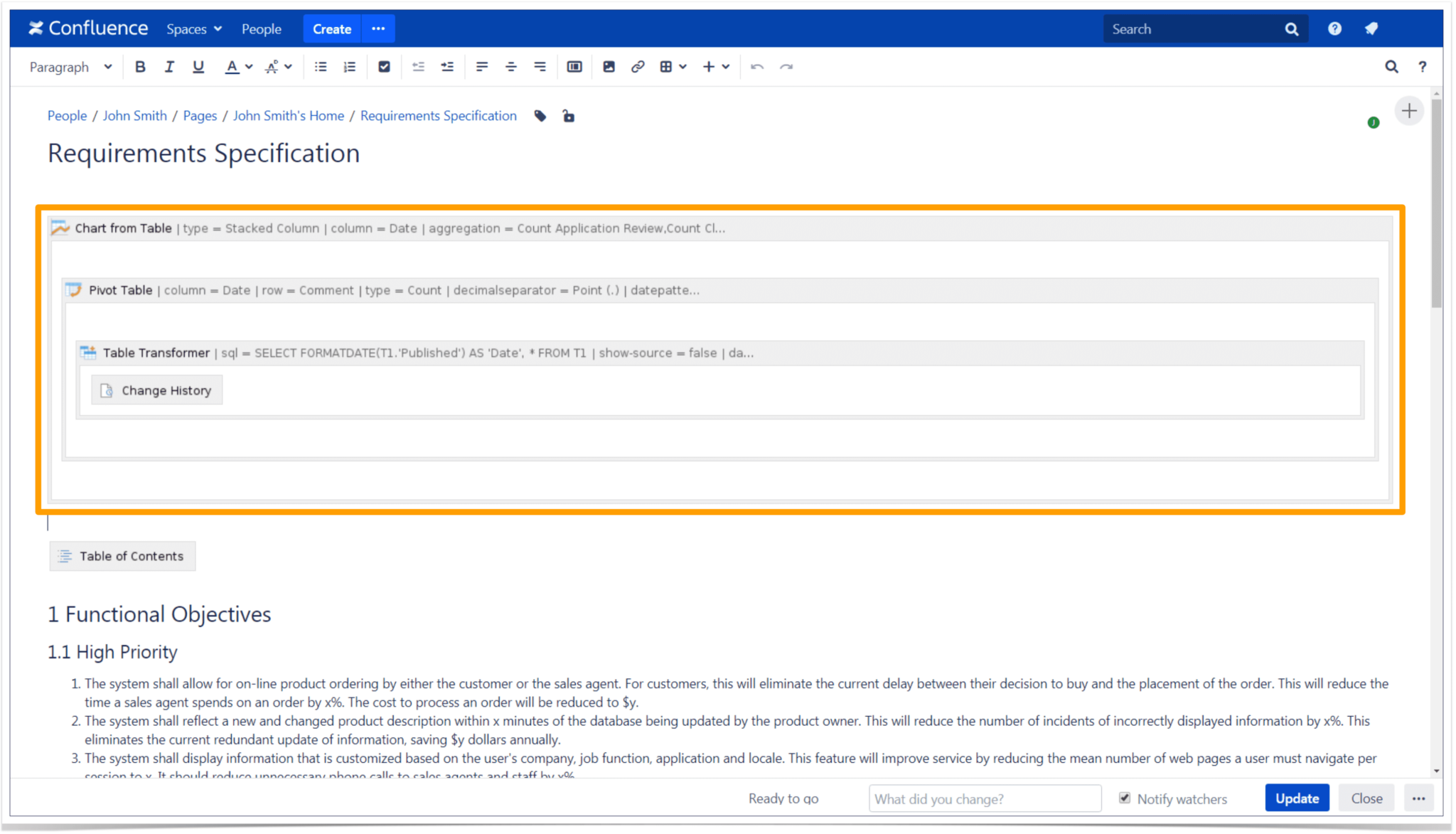 Requirements specifications page in Confluence in edit mode