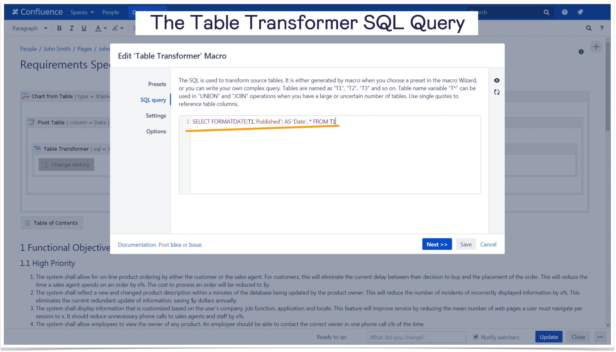 Table Transformer SQL query to manage requirements specifications in Confluence