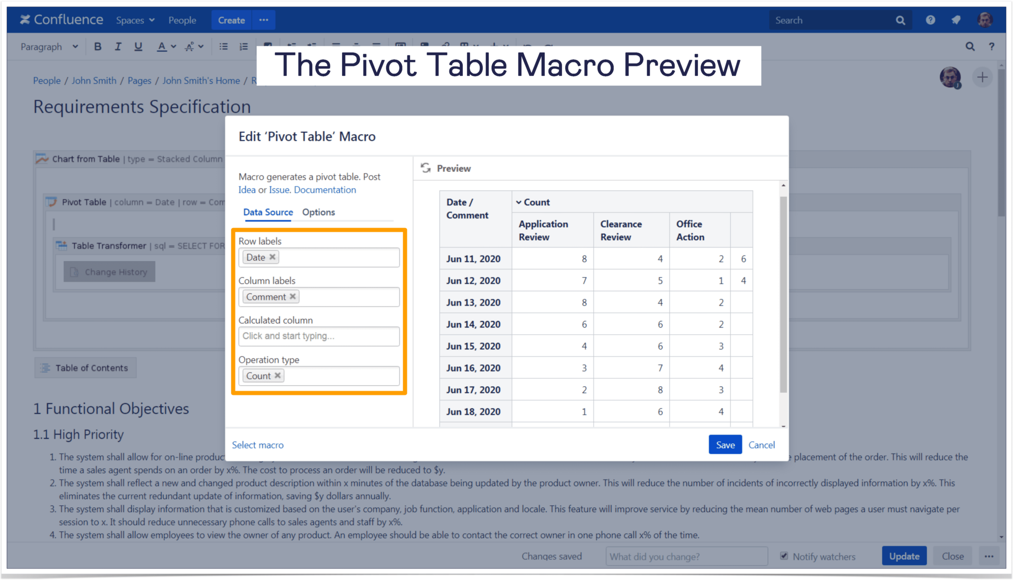 Pivot Table macro settings in Confluence for the requirements specifications page