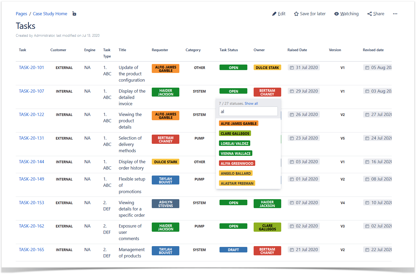 They use the Handy Status macro to define all members of the team. Since they have a lot of people to choose from, we've added the capability to filter their names on the fly.