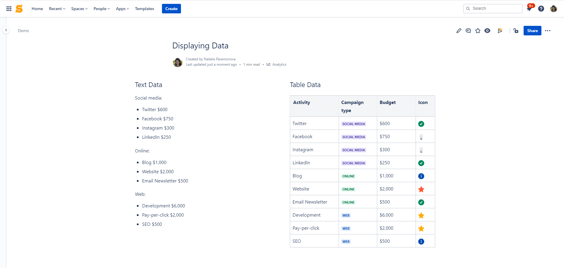 Example of a table in Confluence Cloud