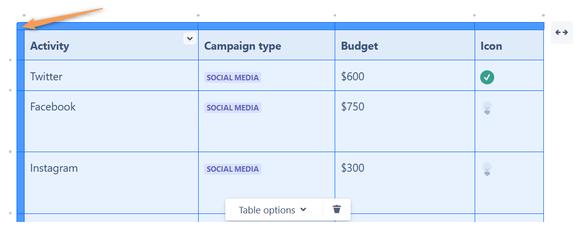 Confluence Cloud table in edit mode