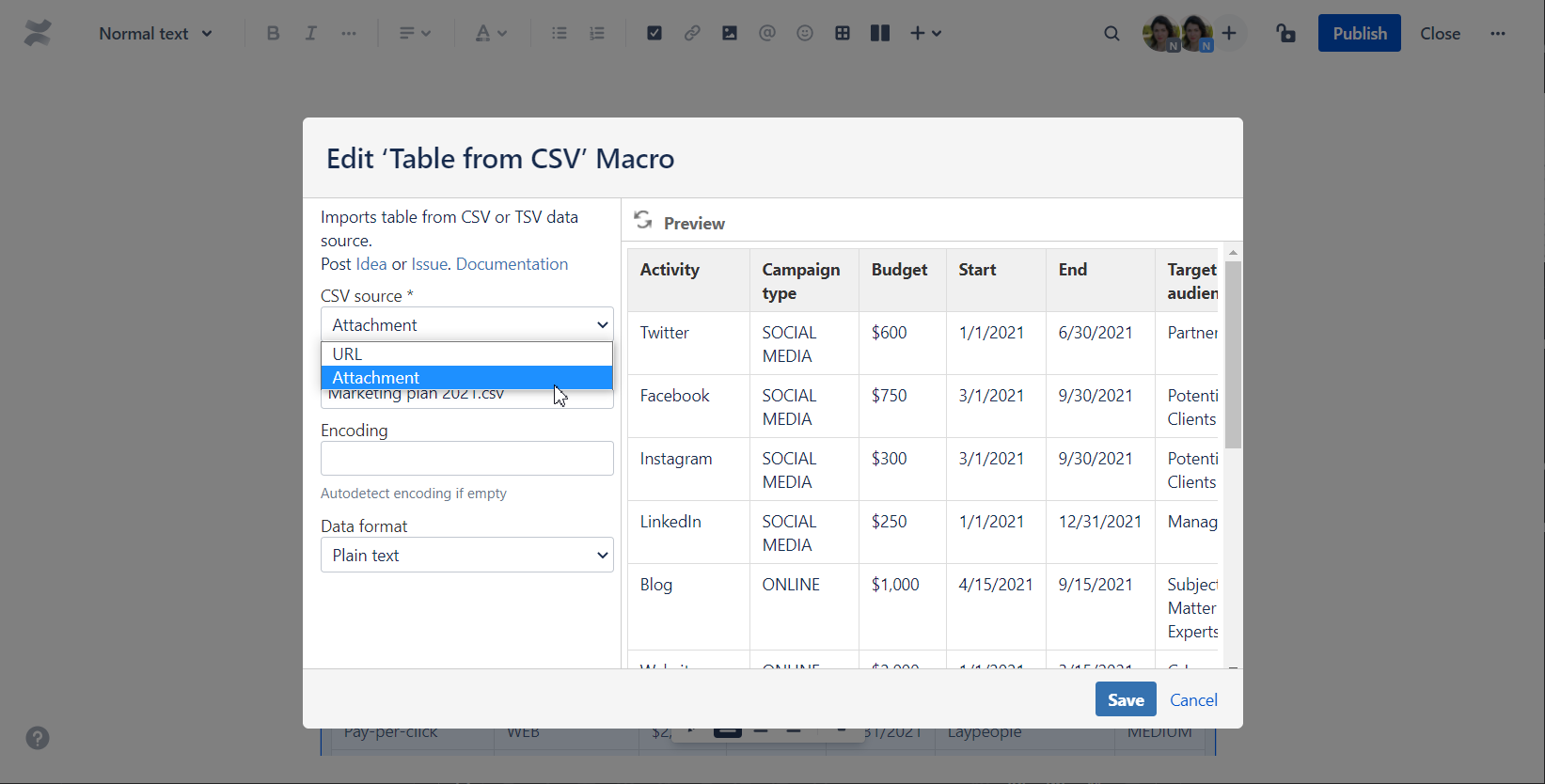 Table from CSV macro in Confluence Cloud