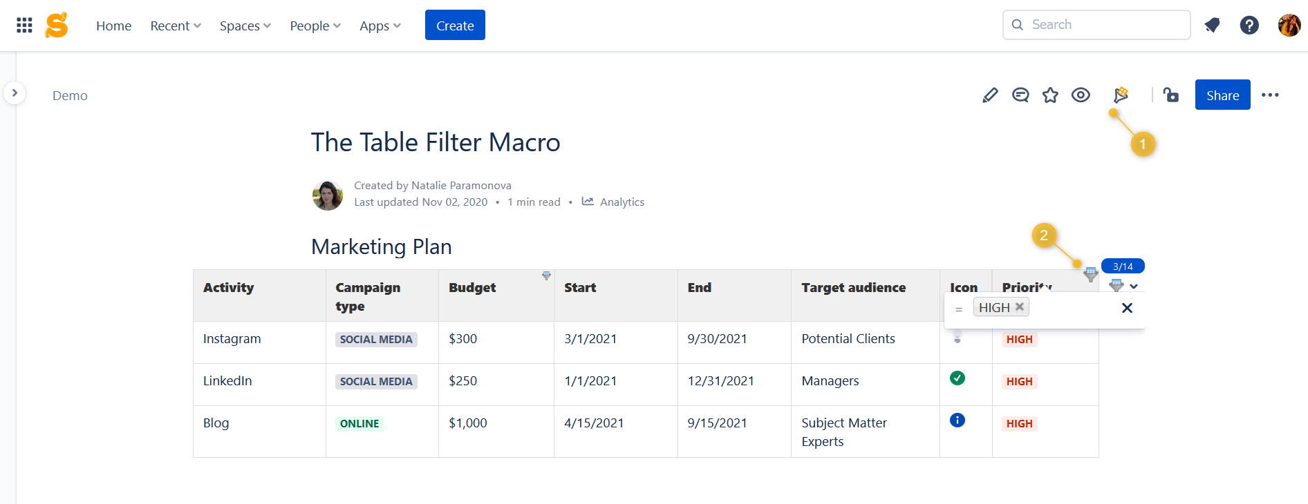 Filtering the Confluence Cloud table