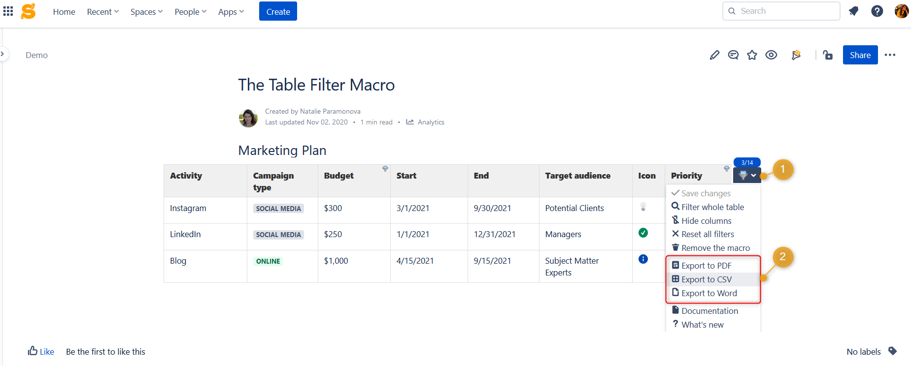 Export capabilities for the Confluence Cloud table