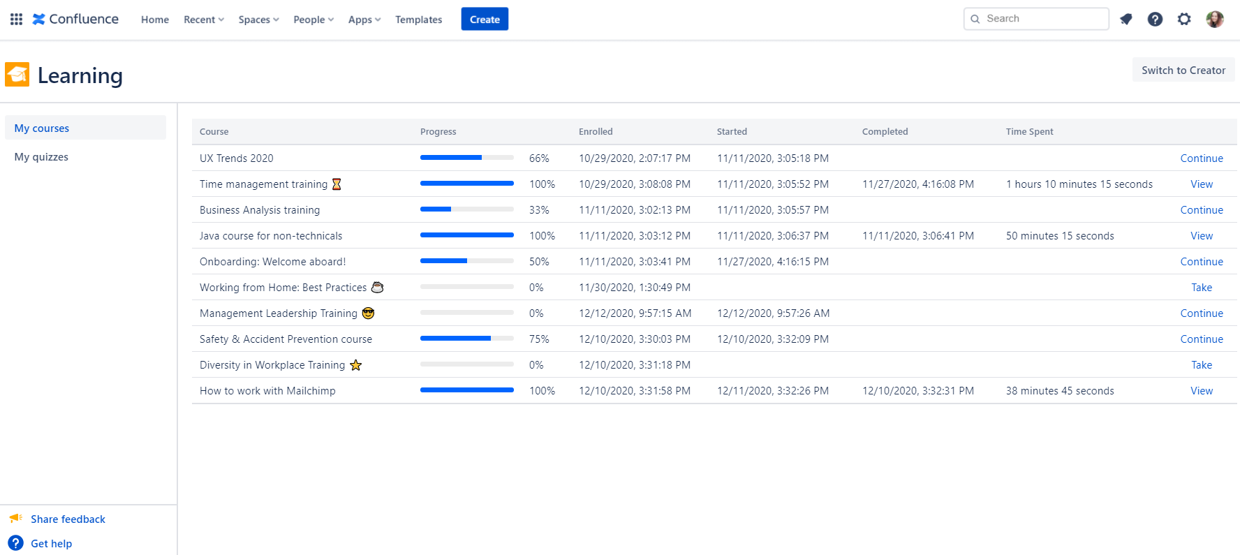 Learning portal in Atlassian Confluence