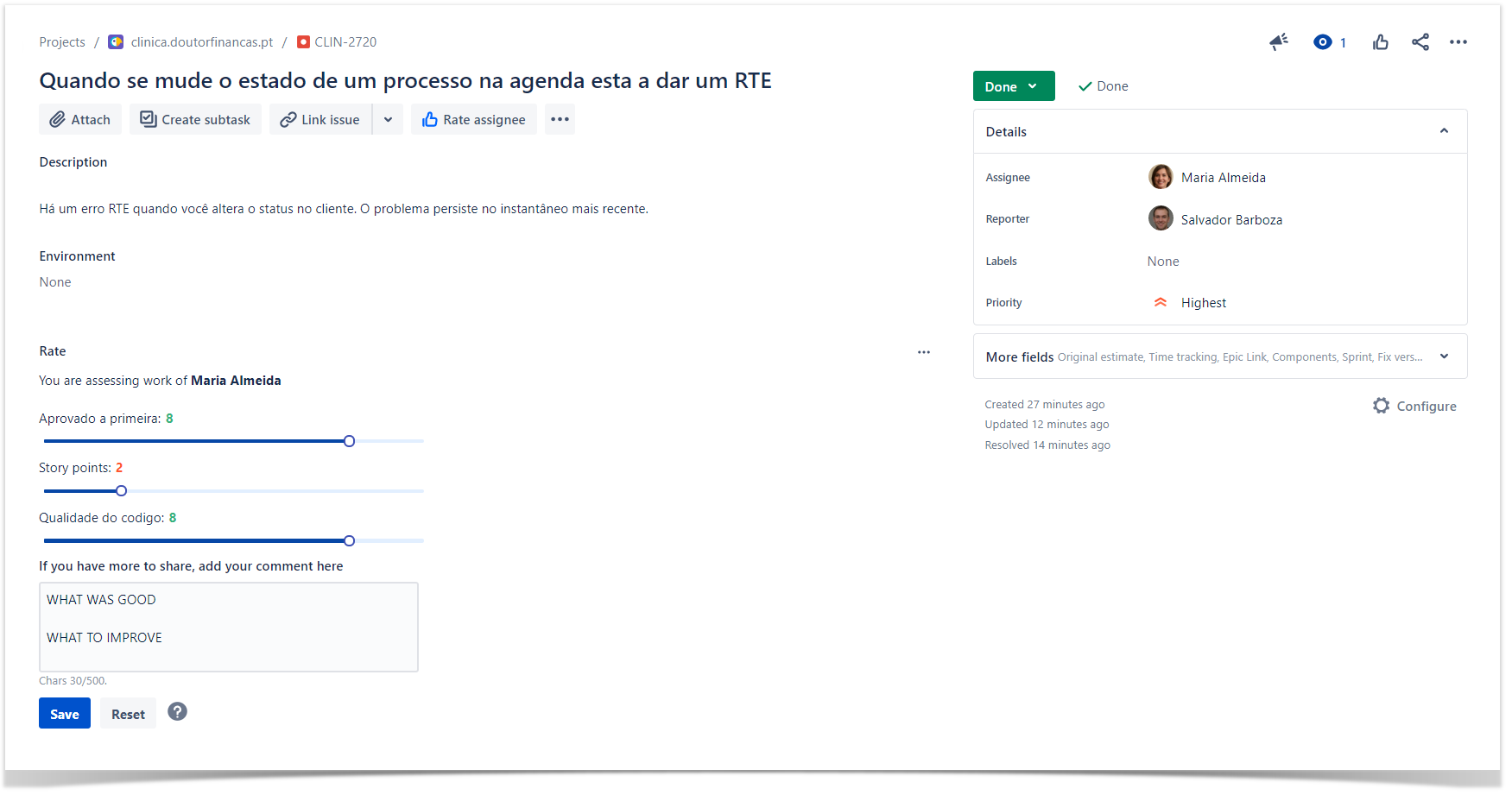 jira task with employee performance ratings