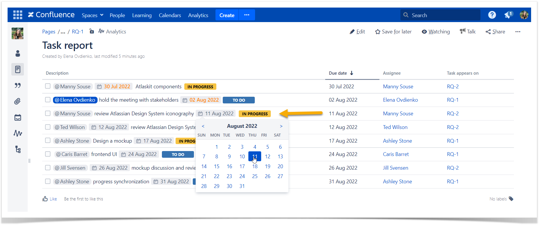 task report in Confluence