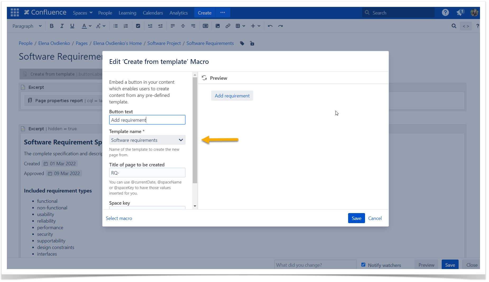 Create from Template in Confluence