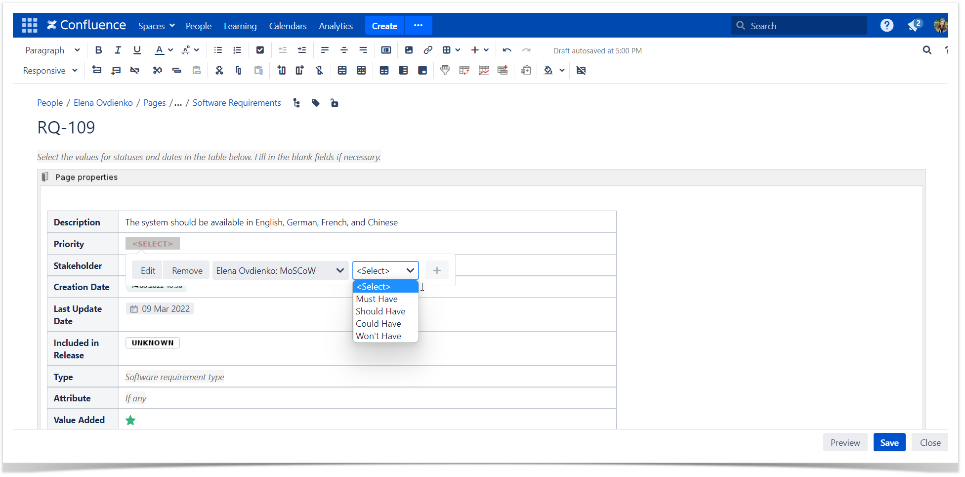 Page from template in Confluence