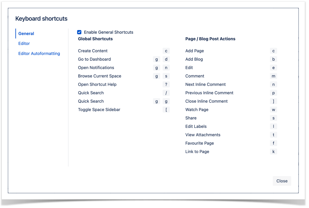 Confluence Cloud shortcuts