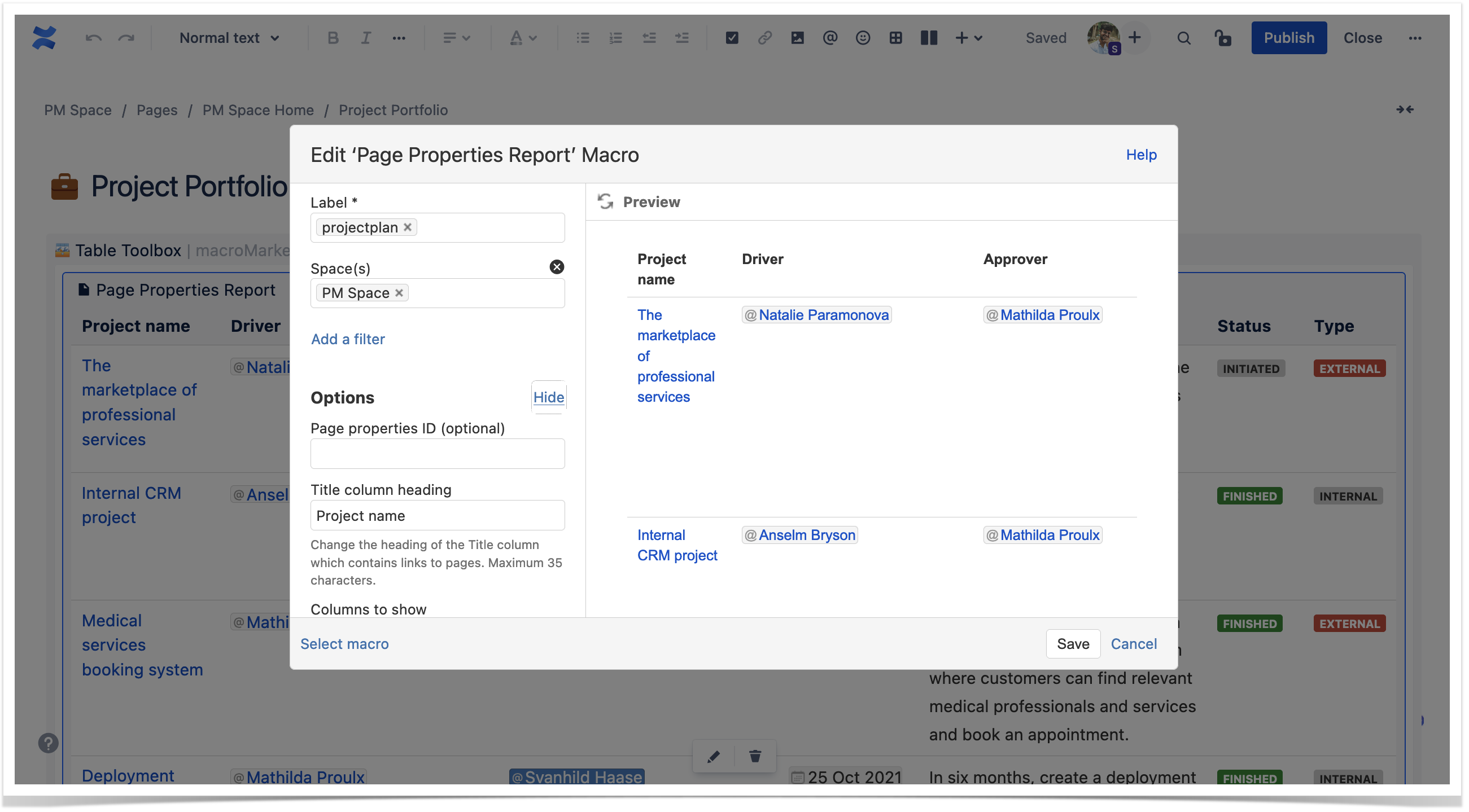 Page Properties report in Confluence