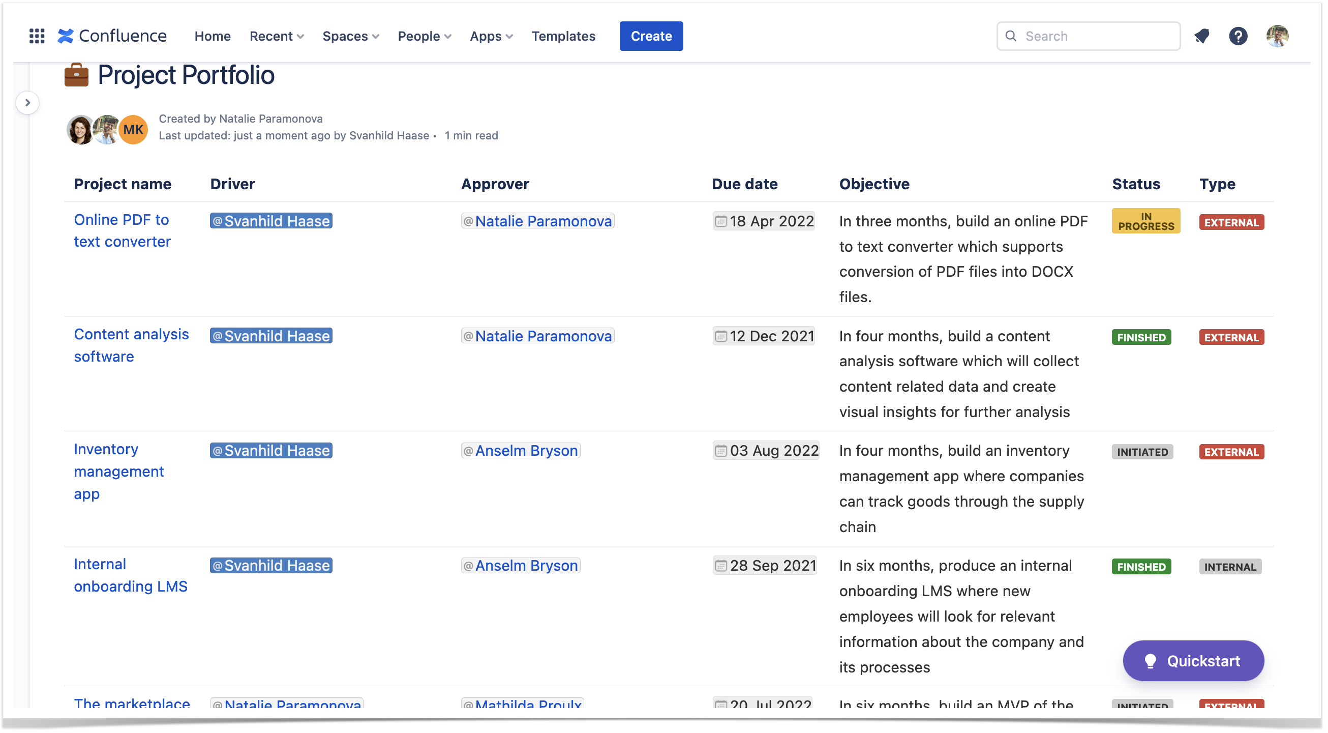 Project portfolio in Confluence Cloud