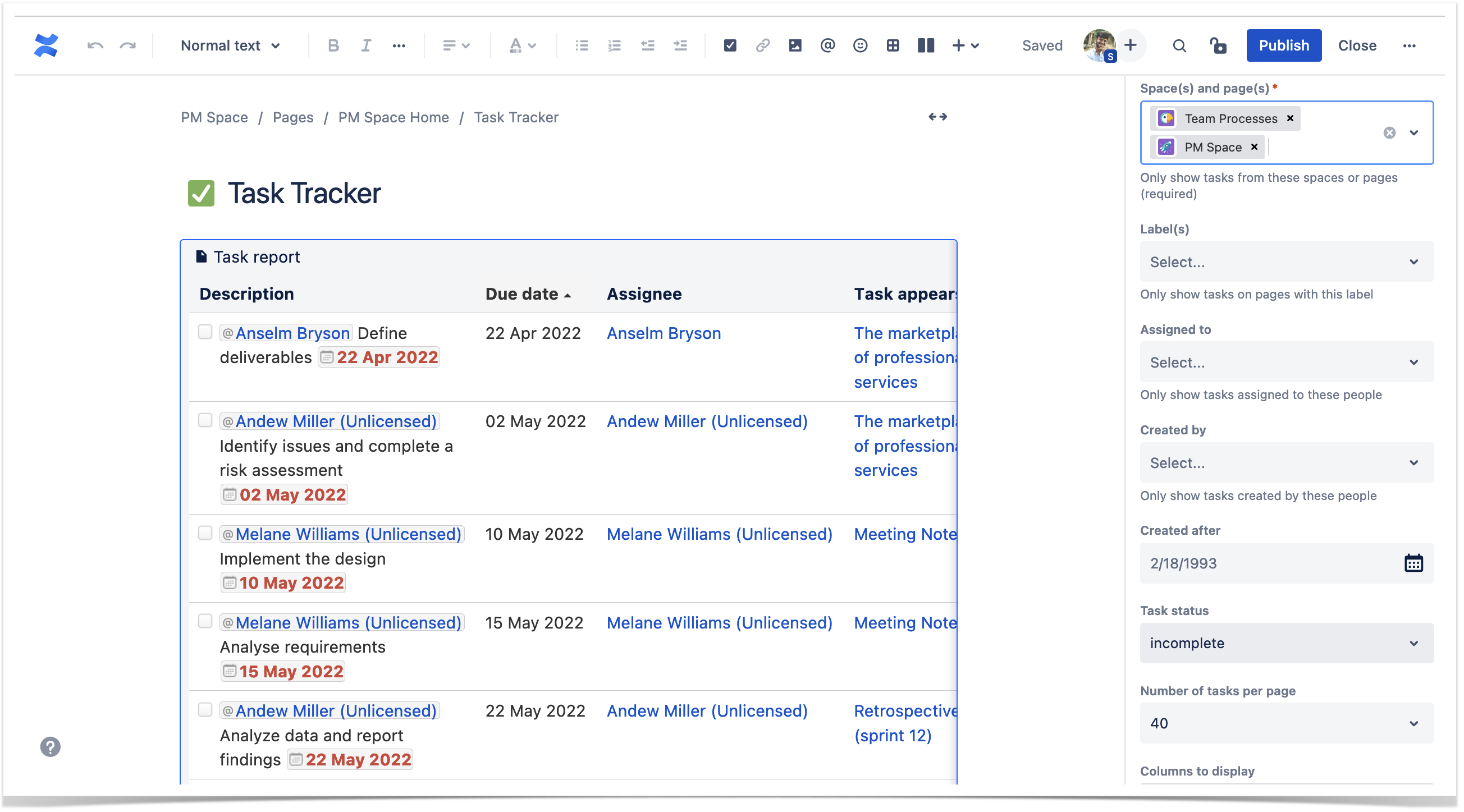 Task report in Confluence