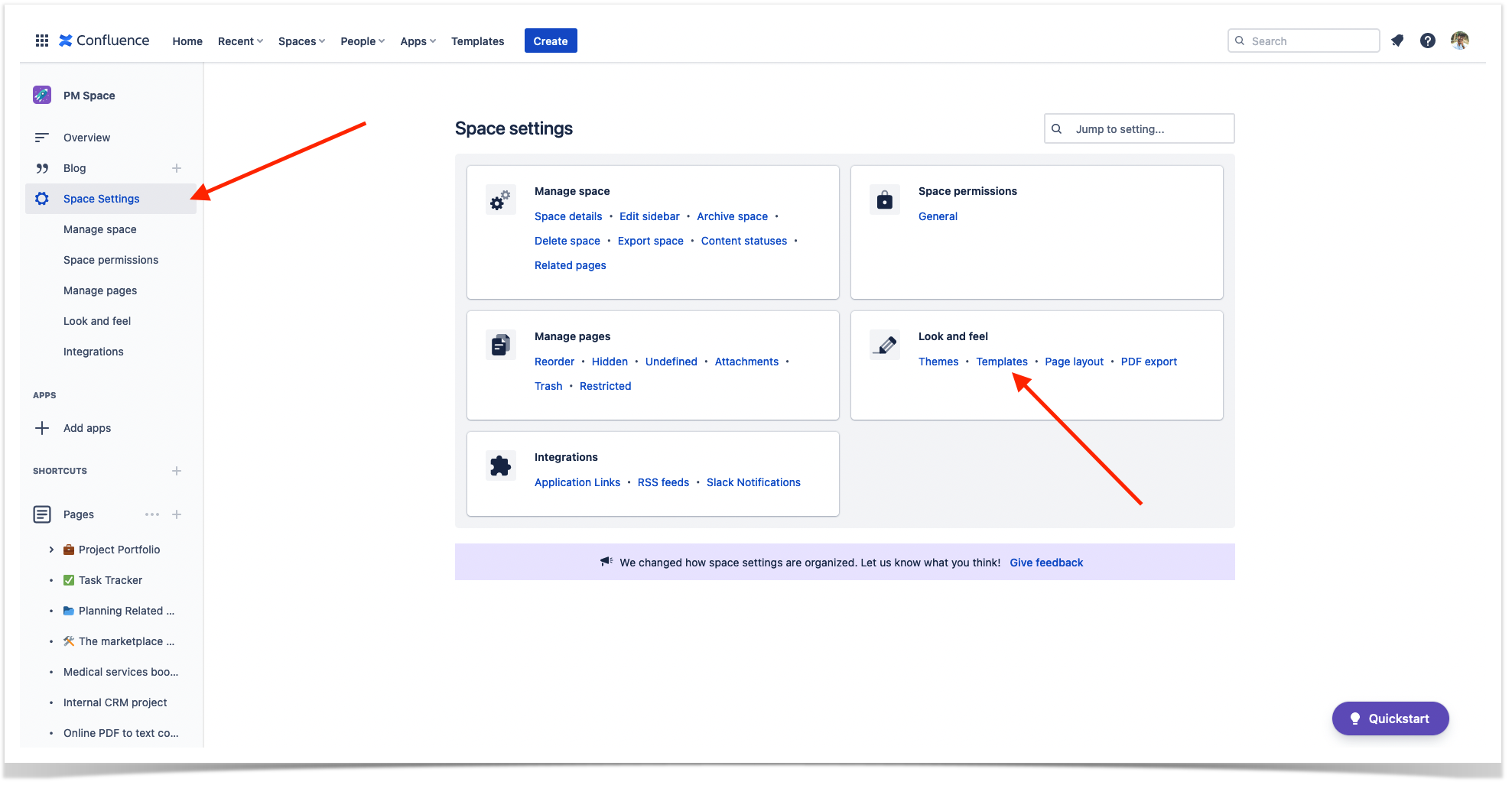 Confluence space settings for templates creation