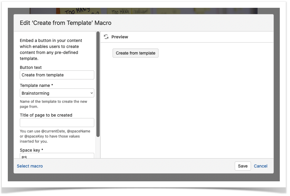 Create from template Confluence macro