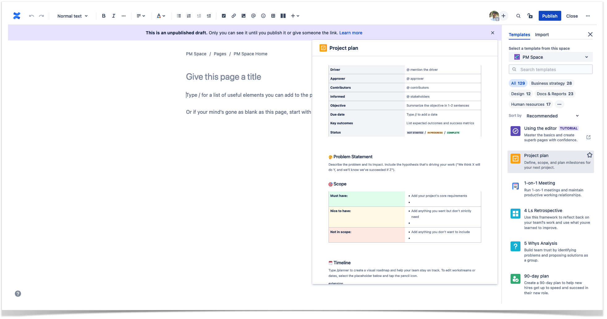 Project plan template in Confluence