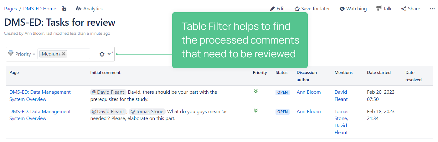 Table Filter in Review Process