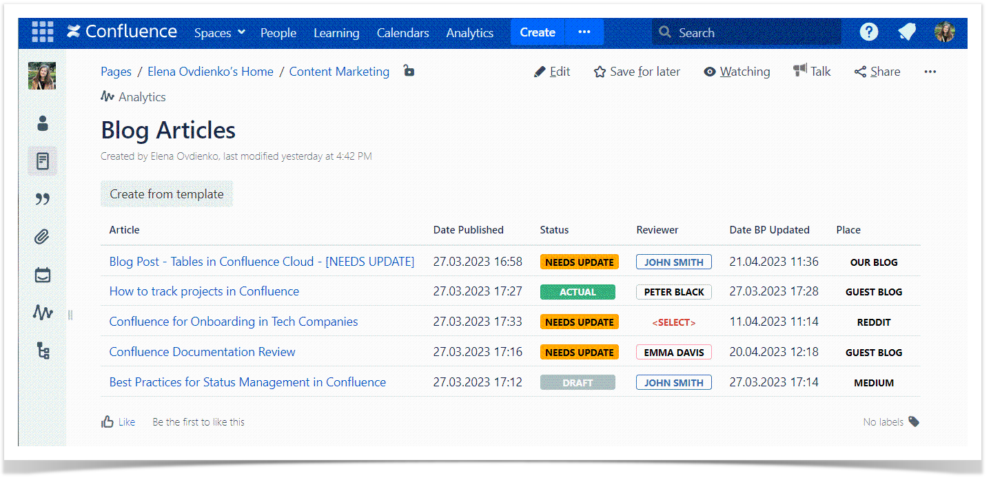 Create an interactive Confluence dashboard where users can instantly review the Confluence document status and submit approvals